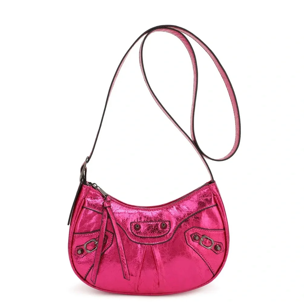 Kayla + Ava Metallic Pink Vegan Leather Shoulder Bag | Y2K Style Purse - Picture 3 of 11